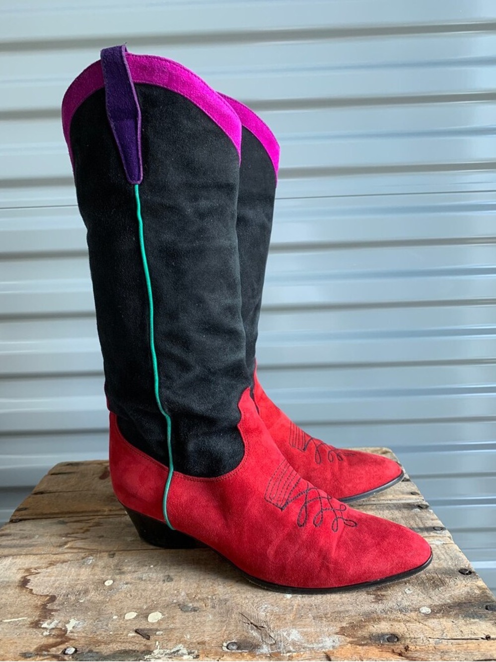 Vintage Anne Klein Suede Western Heeled Boots in Red, Black & Purple